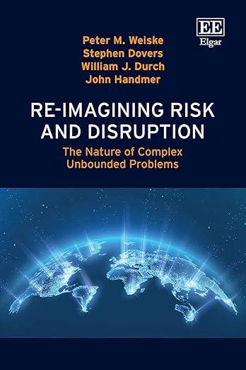 Book cover of ‘Re-imagining Risk and Disruption’. It has a dark background and an image of of half the globe against a starlit background, with glowing outlines of continents of the southern hemisphere.