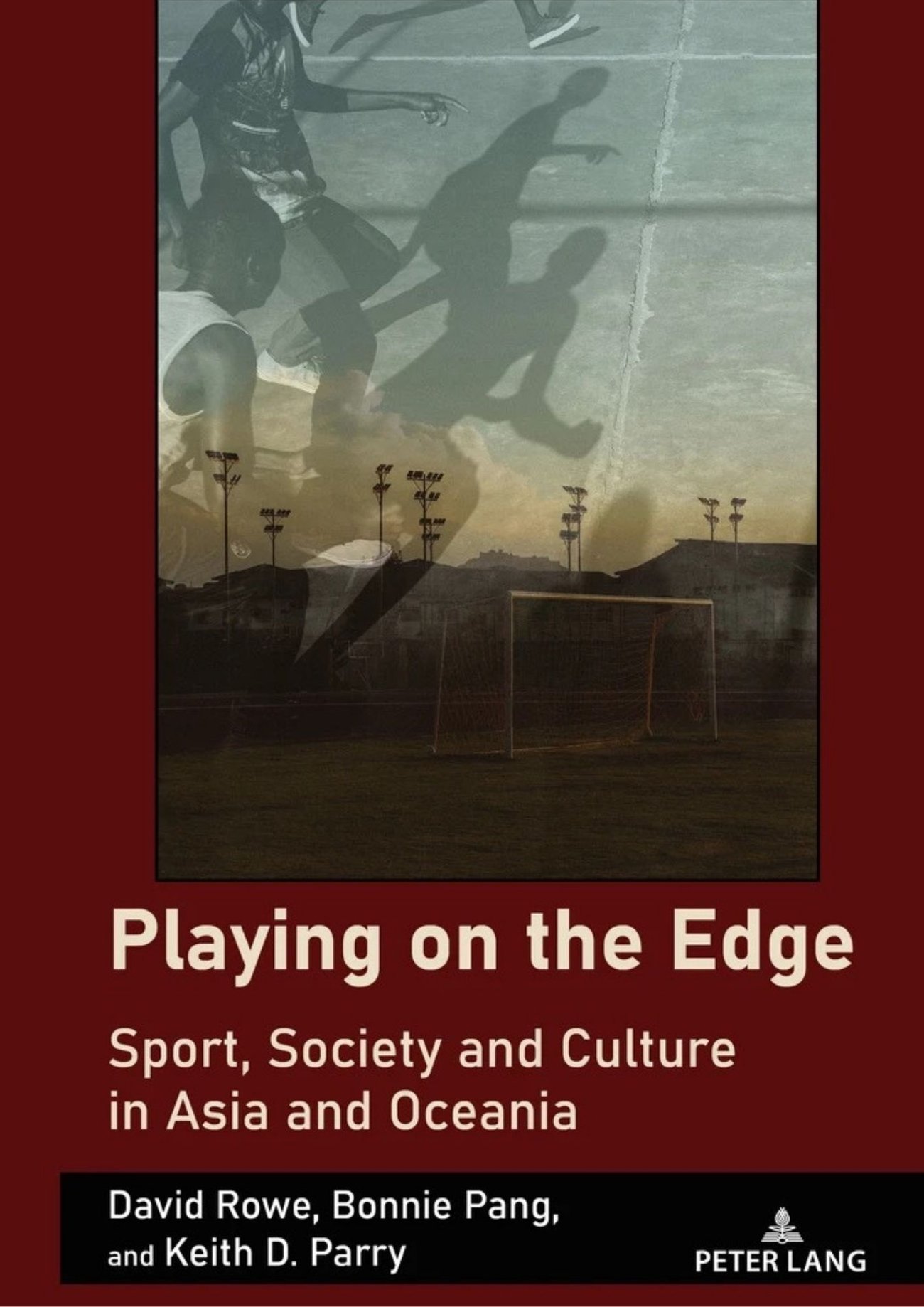 Cover of the book Playing on the Edge. It has a maroon background and features an image of a football field with shadowy figures moving across it.
