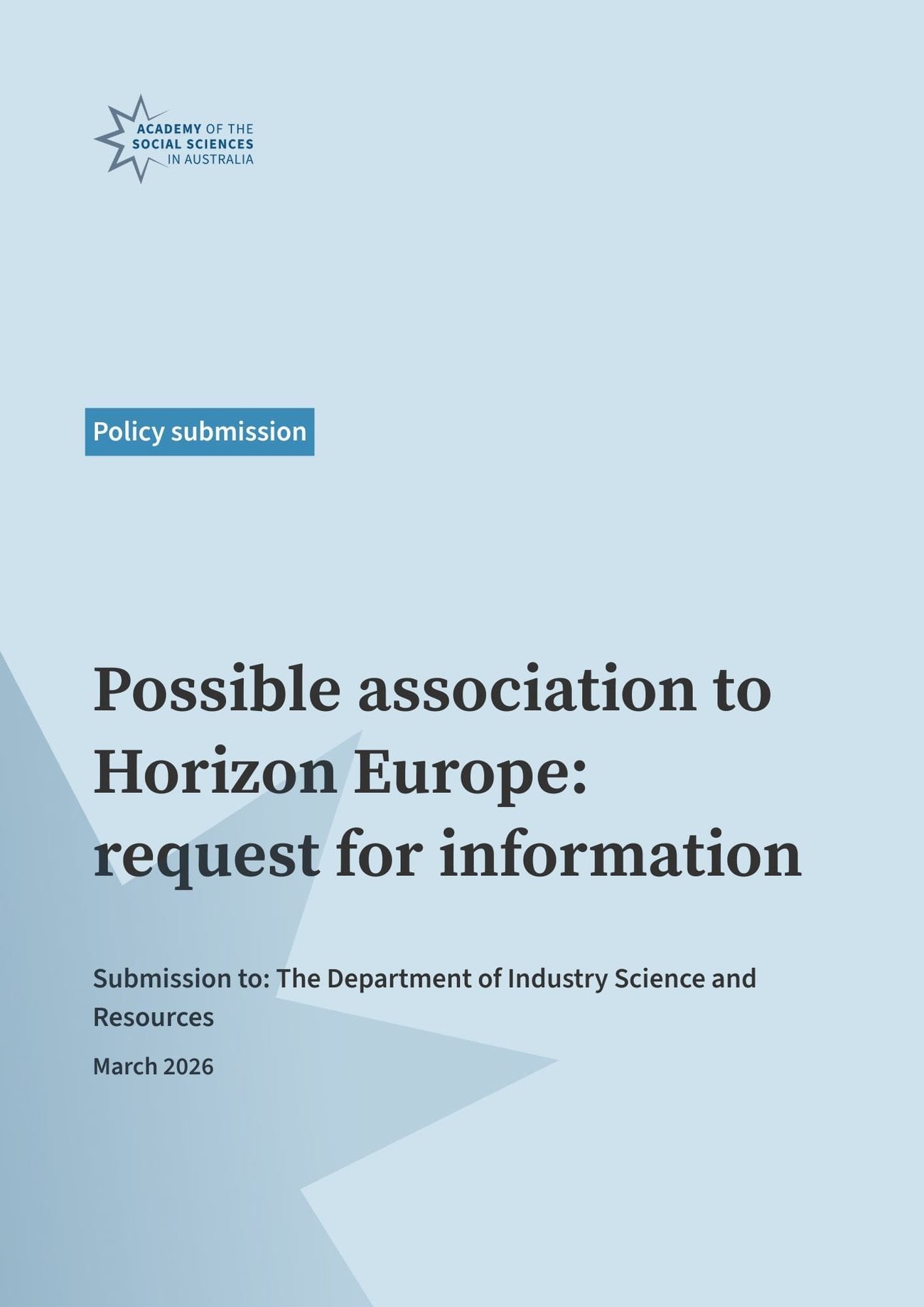 The cover of the Possible association to Horizon Europe: request for information submission document. It has a blue background with a star motif.