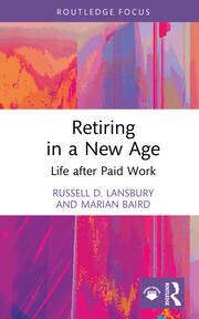 Cover of Retiring in a New Age book. The background features abstract lines and colours in shades of blue, pink, yellow and purple