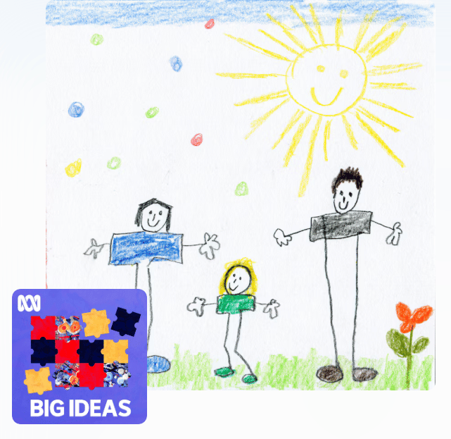 A promotional image for the Big Ideas program. The program logo sits in front of a child’s drawing of two adults and a child standing in a garden beneath a smiling yellow sun